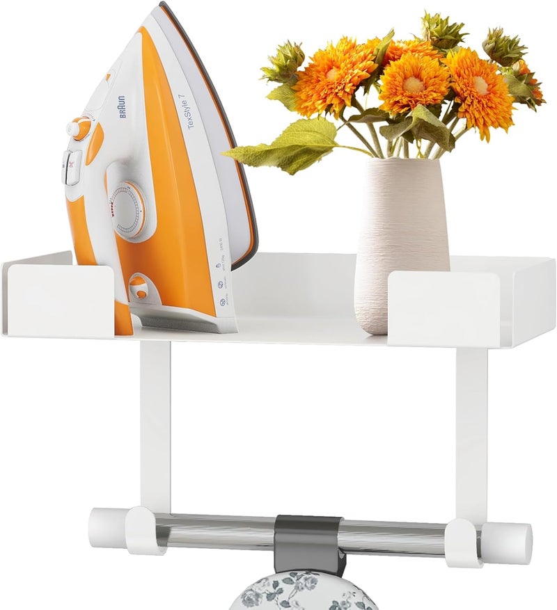 JUYSON Ironing Board Holder Wall Mount, Iron Board Storage Hanger for Laundry Rooms, Iron and Ironing Board Set Holder (White-with Shelf) - Image 1